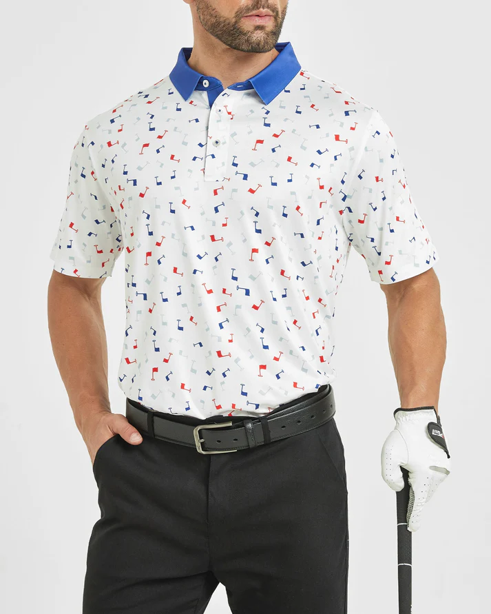 Men's Golf Polo Shirt with Stylish Flag Print Patterns for the Dynamic Player