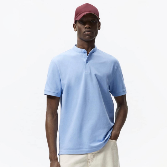 Men's Custom Logo US for Polo T-Shirt Cotton Bamboo Fiber Sky Blue with Print Pattern Knitted Crop Length