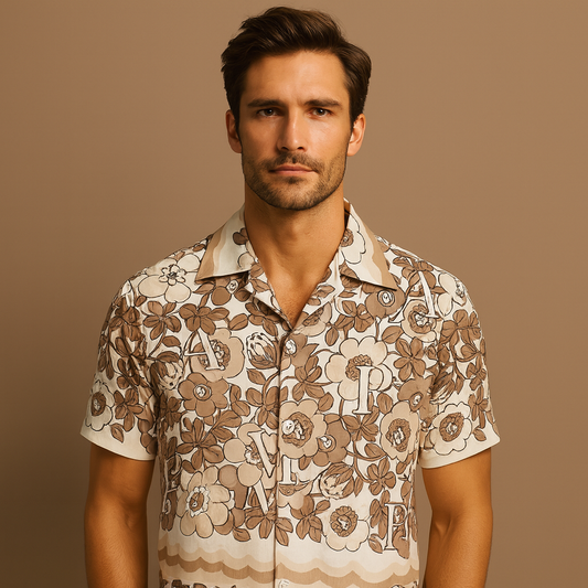 Vacation Hawaiian Shirt Set Allover Logo Short Sleeve Silk Camp Custom Printed Hawaiian Button up Shirt for Men