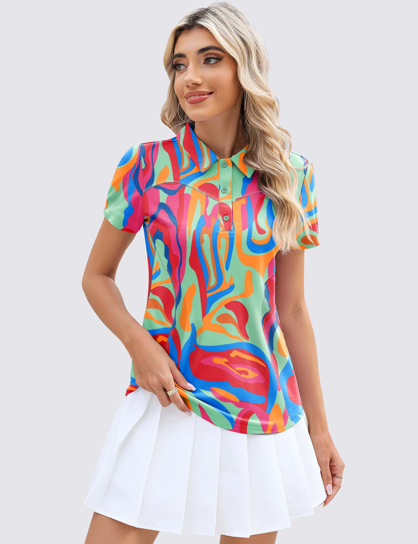 Customized logo short-sleeved, lightweight, moisture-wicking polo shirts for casual wear. They are women's three-button golf polo shirts in floral rose red