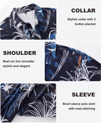 Custom Logo 88% Polyester 12% Spandex Short Sleeve Moisture Wicking Fashion Print Hawaiian Golf Polo Shirts