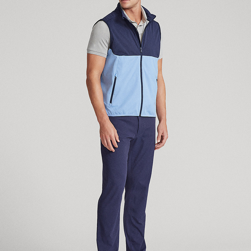 OEM casual men's color-blocked sleeveless waterproof vests with customized logos and full zippers