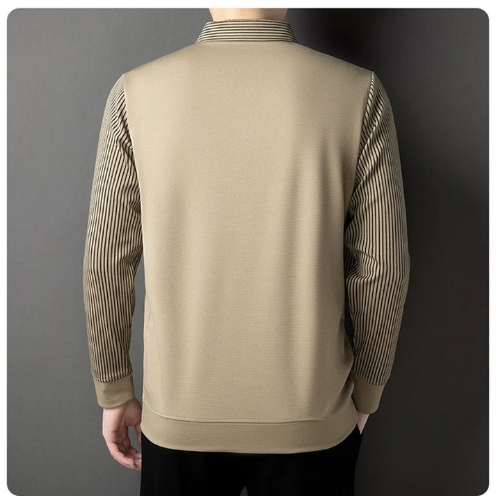 Custom logo Khaki Striped Lapel Faux Two Piece Business Casual Full Long Sleeve Polo Shirt for Men