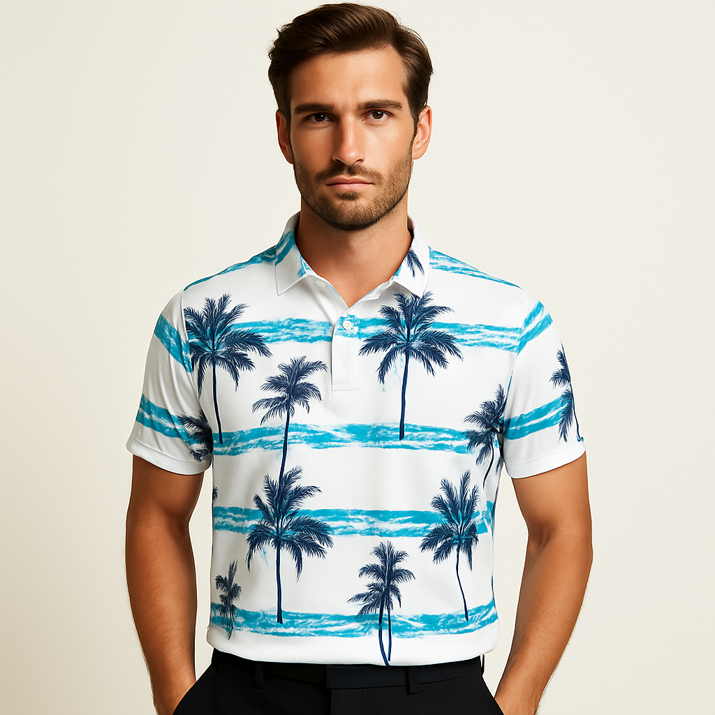 Custom Logo 12% Spandex 88% Polyester Short Sleeve Dry Fit Moisture Wicking Hawaiian Tropical Print Performance Golf Polo Shirts