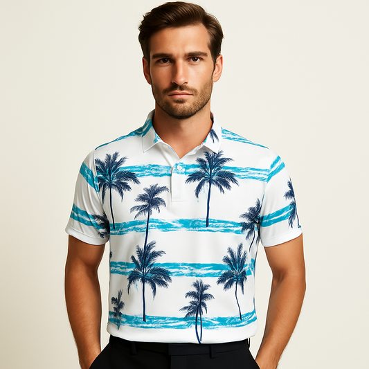 Custom Logo 12% Spandex 88% Polyester Short Sleeve Dry Fit Moisture Wicking Hawaiian Tropical Print Performance Golf Polo Shirts