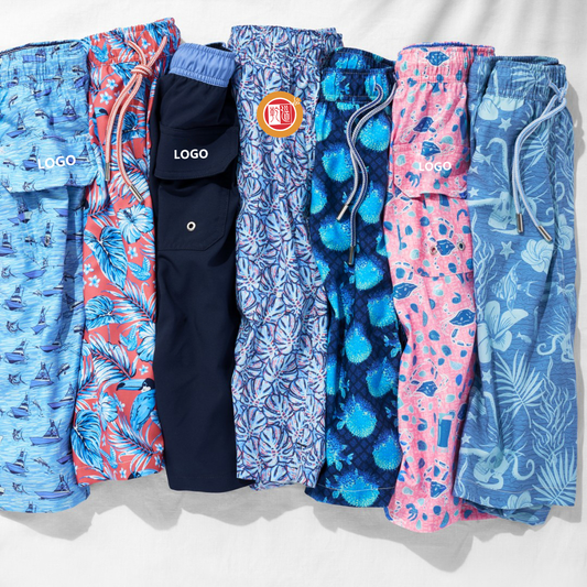 Casual and classic men's summer beach shorts with drawstrings, customized logos, medium waist, made of wool fabric, featuring sublimated panel patterns and button pockets