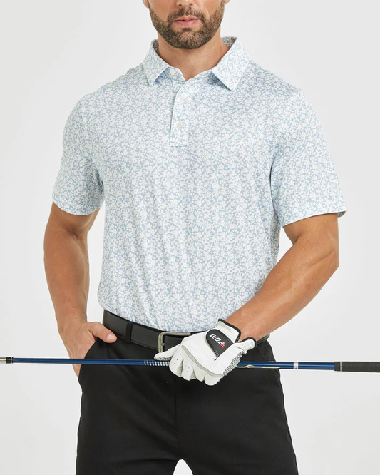 Men's Floral Golf Polo Shirt - Stylish White Flower Prints for Optimal Performance