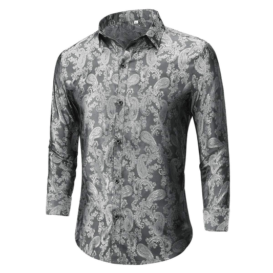 Custom White Polyester Long Sleeve Dress Shirt Party Button-down Paisley Men Shirt