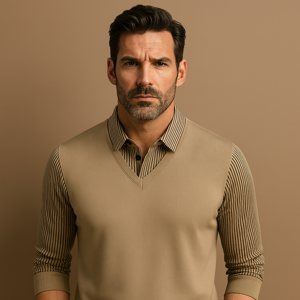Custom logo Khaki Striped Lapel Faux Two Piece Business Casual Full Long Sleeve Polo Shirt for Men