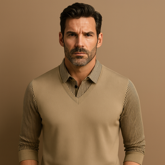 Custom logo Khaki Striped Lapel Faux Two Piece Business Casual Full Long Sleeve Polo Shirt for Men
