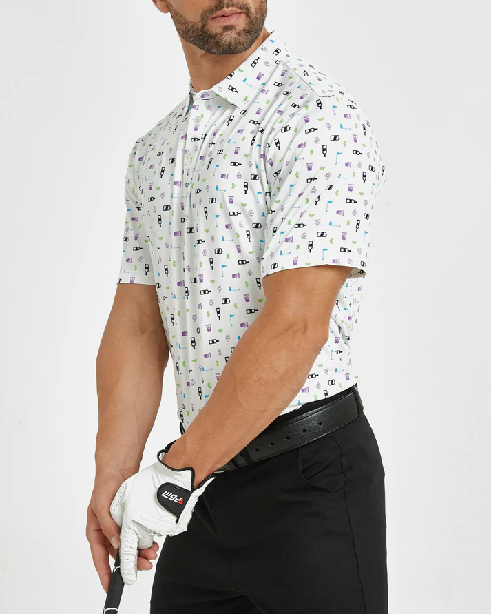 Men's White Golf Polo Shirt for Stylish Performance with Celebration Print
