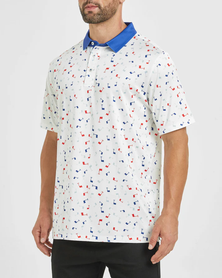 Men's Golf Polo Shirt with Stylish Flag Print Patterns for the Dynamic Player