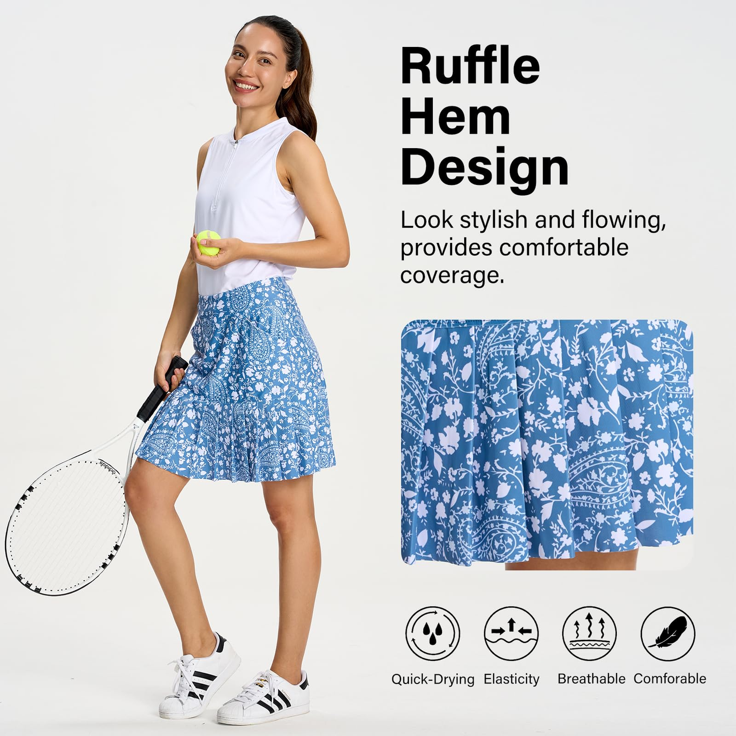 Women's knee-length flounced hem short skirts, polyester sports shorts with pockets for fitness and running, adjustable golf shorts, suitable for adults