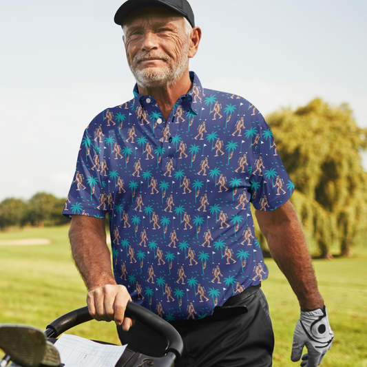 Fun Printed Men's Golf for Polo Shirts Quick Dry Spandex Polyester Knitted Style with Bigfoot Design Short Sleeve