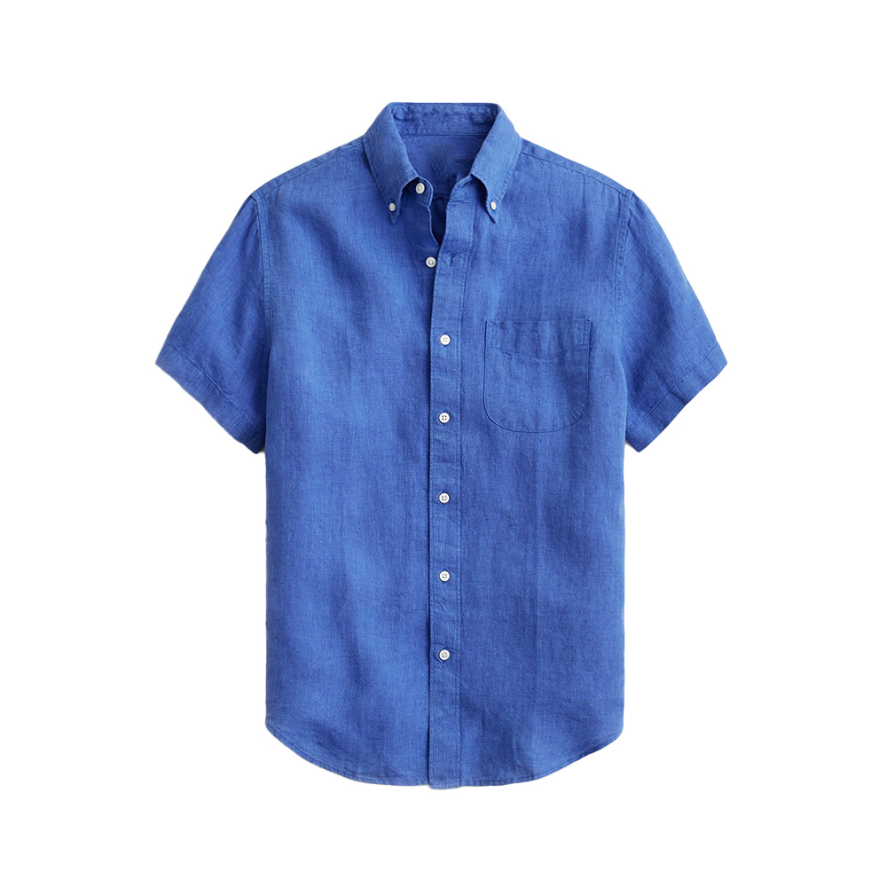 OEM Custom Casual Business Short Sleeve Linen Plain Color Full Button up Shirt Top for Men