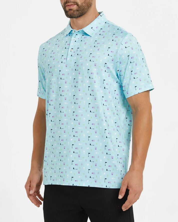 Men's Blue Golf Polo Shirt with Unique Golf Element Prints