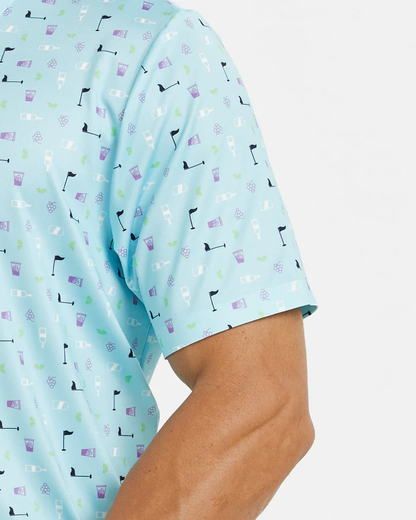 Men's Blue Golf Polo Shirt with Unique Golf Element Prints
