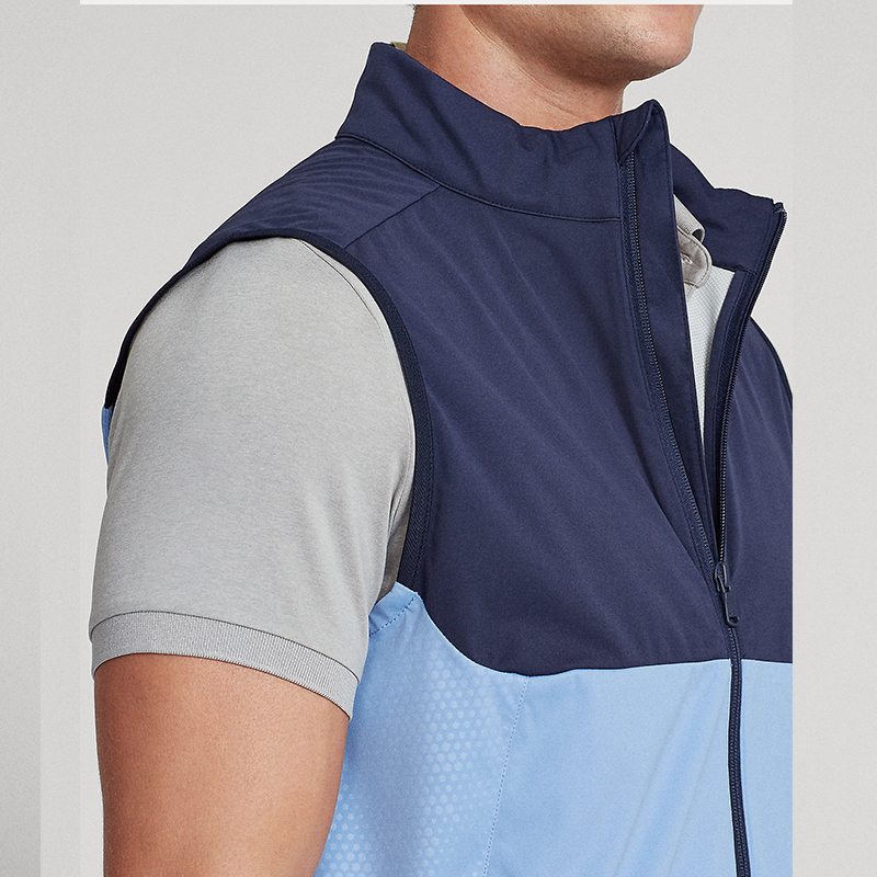 OEM casual men's color-blocked sleeveless waterproof vests with customized logos and full zippers