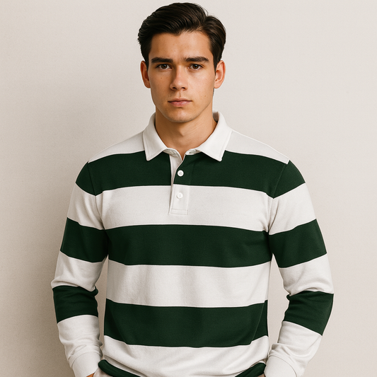 Custom Logo 100% Cotton Green and White Stripes Apparel Men's Classic Rugby Long Sleeve Polo Shirt