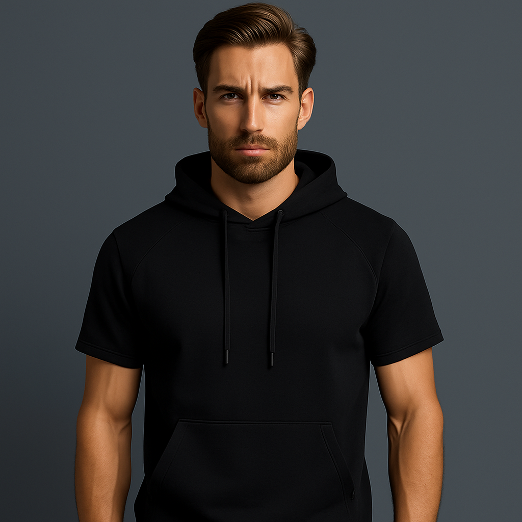 Mens Black Summer Top Short Sleeve Hoodie Jersey OEM Service Customized Solid Autumn Pullover Plain Dyed Hooded Custom Size