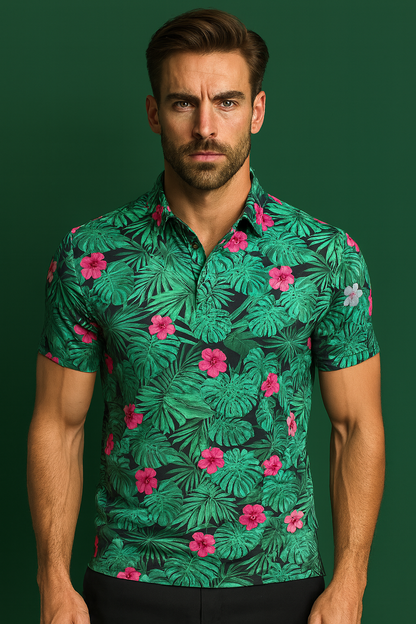 Summer Large Style Short Sleeves Knitted Four-Sided Elastic Casual Mens Polyester Spandex All Over Print Golf Polo Shirts