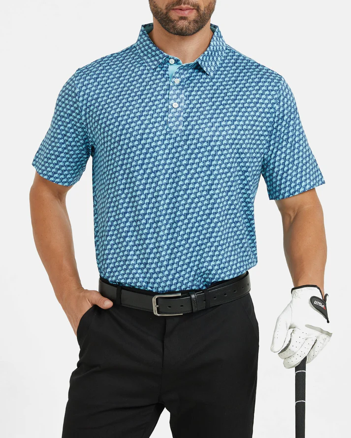 Men's Hawaii Golf Polo - Blue Tropical Pattern Coconut Tree Shirt
