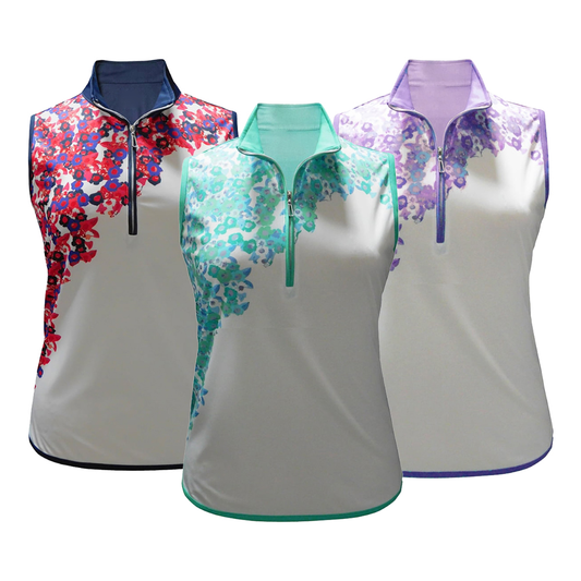 OEM customized women's sleeveless vintage floral printed golf jerseys, 1/4 zip pullovers, quarter-zip pullovers, women's sportswear