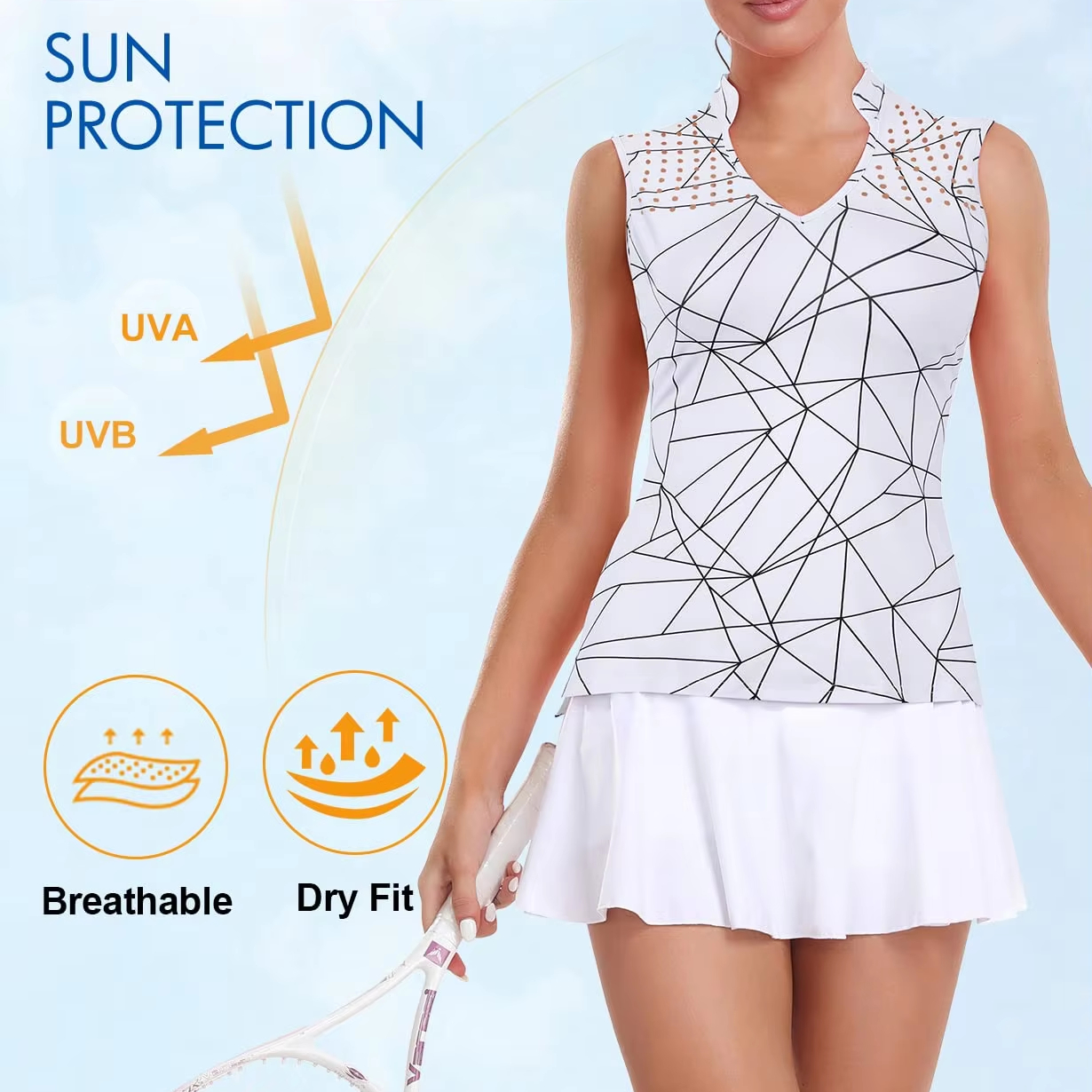 Custom-made sleeveless sport and fitness women's quick-drying and lightweight clothing, geometric small V-neck golf and tennis polo shirts