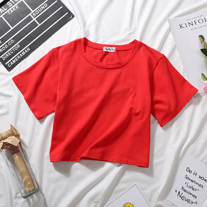 Custom Women's Summer Short Sleeve T-Shirt Cotton Solid O-Neck High Waist Crop Top Casual Loose Print Tee
