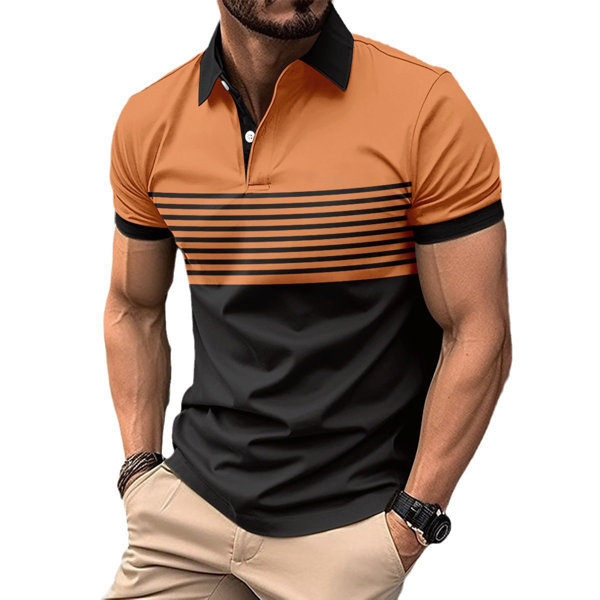 Custom Logo Short Sleeve Blocked Striped Button-Down Collar Top With Pocket Summer Casual Mens Polo Shirt