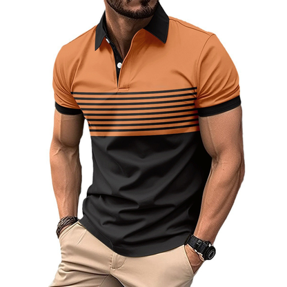 Custom Logo Short Sleeve Blocked Striped Button-Down Collar Top With Pocket Summer Casual Mens Polo Shirt