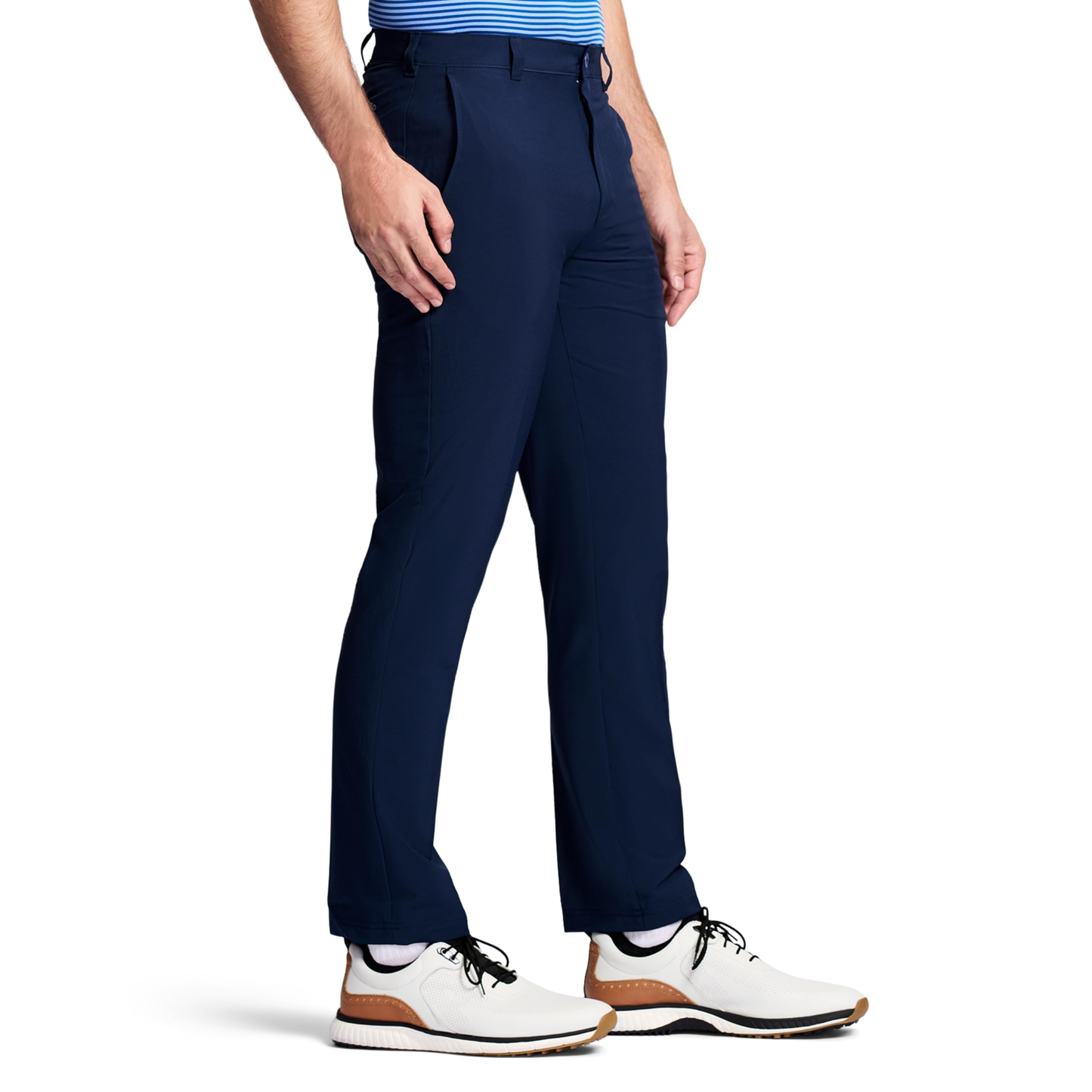 Men's casual golf swing pants, made of 94% polyester and 6% spandex, with a mid-rise waist, button and zipper closure, straight tube design, flat front, and offering OEM services