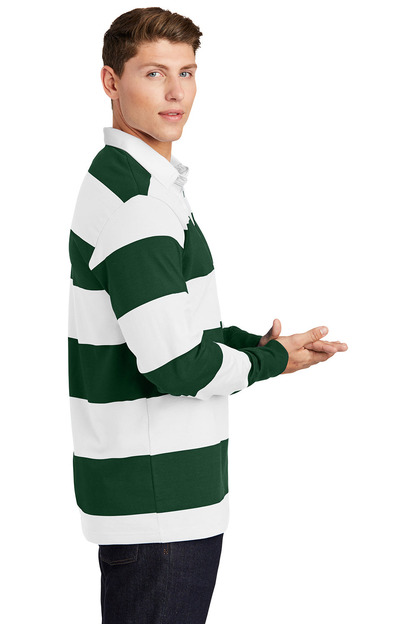 Custom Logo 100% Cotton Green and White Stripes Apparel Men's Classic Rugby Long Sleeve Polo Shirt
