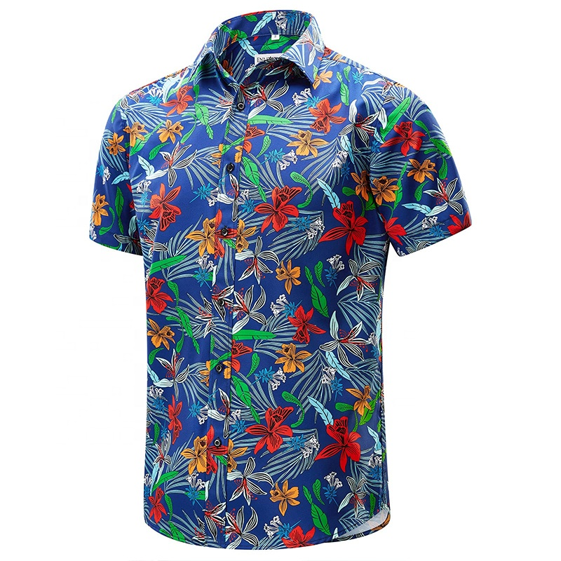 OEM High Quality Custom Embroidery Hawaiian Shirt Men Moisture Absorption Vacation Short Sleeve Formal Polyester Hawaiian Print