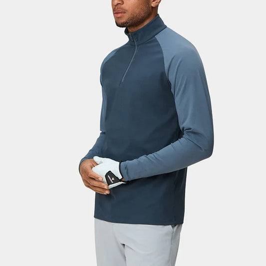 Bulk Custom High Quality Spruce Blue Tour Quarter Zip Neck Golf Pullover Raglan Sleeves Half Zip Sweater for Men with Logo Embroidery - Manufacturer Qiandao
