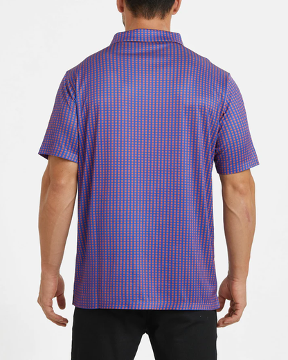 Men's Purple Golf Polo Shirt with Stylish Square Pattern - Perfect Golf Apparel