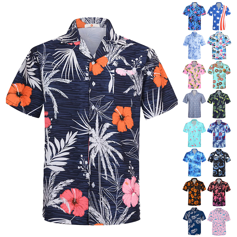 Custom logo Quick Dry Slim Fit Sublimation Printed Vacation Linen Cotton Hemp Fabric Men's Short Sleeve Button up Hawaiian Shirt