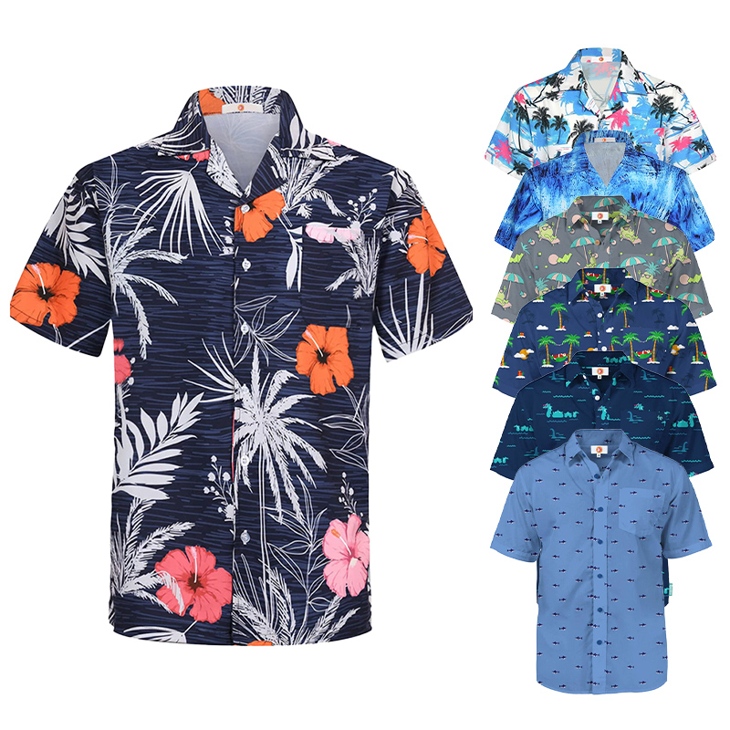Custom logo Quick Dry Slim Fit Sublimation Printed Vacation Linen Cotton Hemp Fabric Men's Short Sleeve Button up Hawaiian Shirt