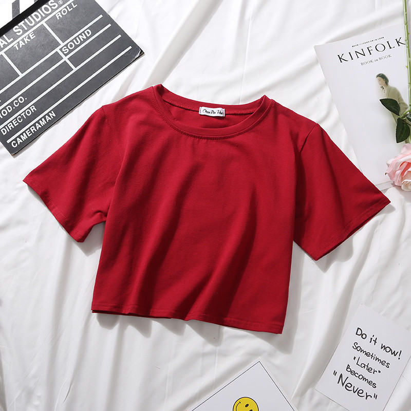 Custom Women's Summer Short Sleeve T-Shirt Cotton Solid O-Neck High Waist Crop Top Casual Loose Print Tee