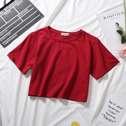 Custom Women's Summer Short Sleeve T-Shirt Cotton Solid O-Neck High Waist Crop Top Casual Loose Print Tee