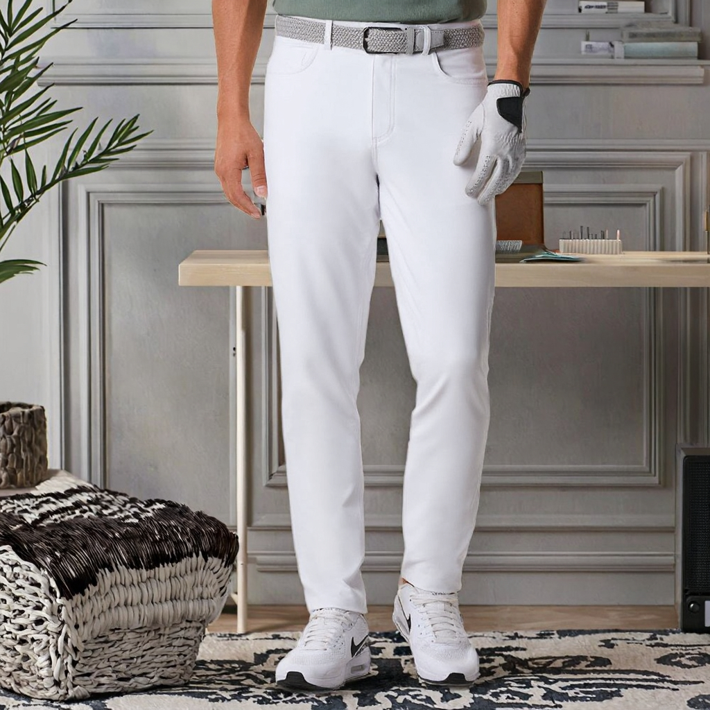 Men's classic stretch golf pants, with an elastic waist, white, slim-fitting and casual work pants made of canvas fabric, flat-front style, available for wholesale