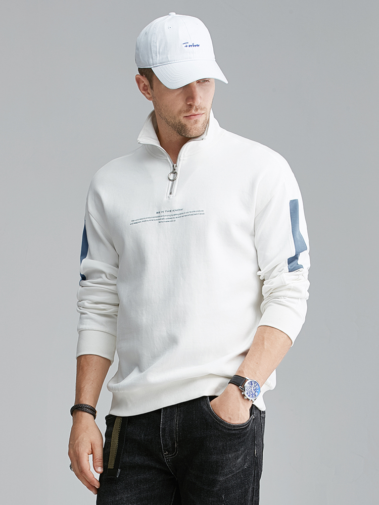 Custom Logo Print Letter Cotton Fashion Casual Loose Oversize Plus Size Color Block Sweatshirt Quarter 1/4 Zip Men Pullover