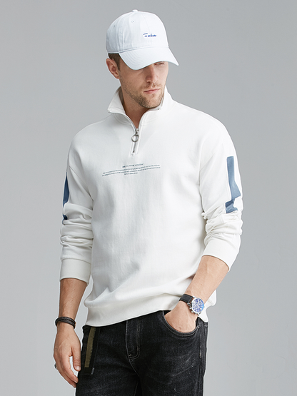 Custom Logo Print Letter Cotton Fashion Casual Loose Oversize Plus Size Color Block Sweatshirt Quarter 1/4 Zip Men Pullover