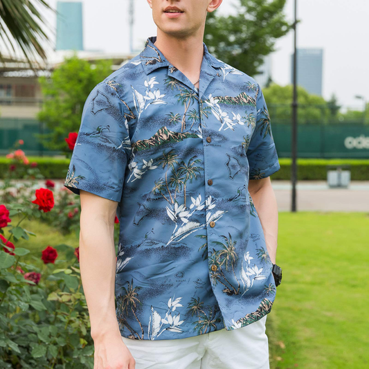 Custom Printed Hawaiian Vintage Style Quick Dry Slim Fit High Collar With Single Button Men Vacation Outfits Beach Shirt