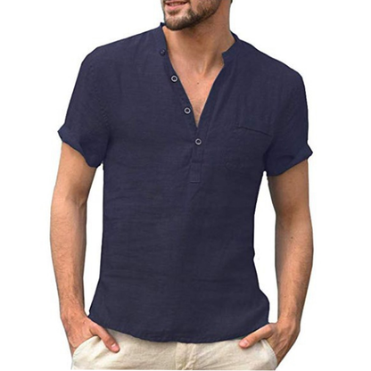 Custom High Quality New Cotton Oversized Tshirt Short Sleeve Solid Plain V-neck Button Down White 100% Linen t Shirt for Men