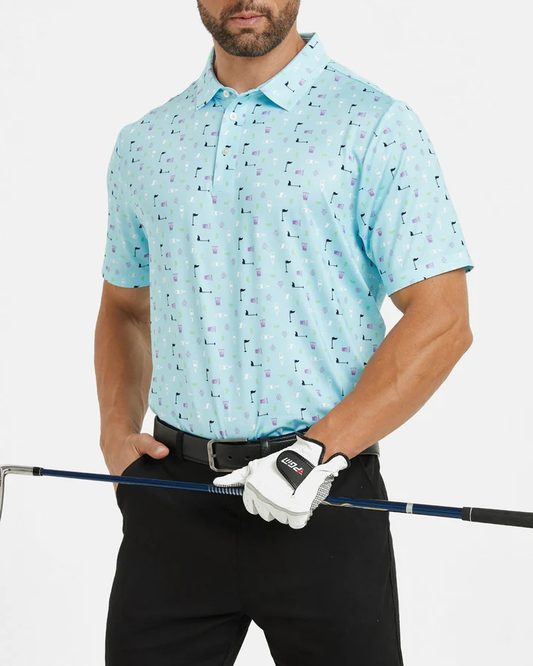 Men's Blue Golf Polo Shirt with Unique Golf Element Prints