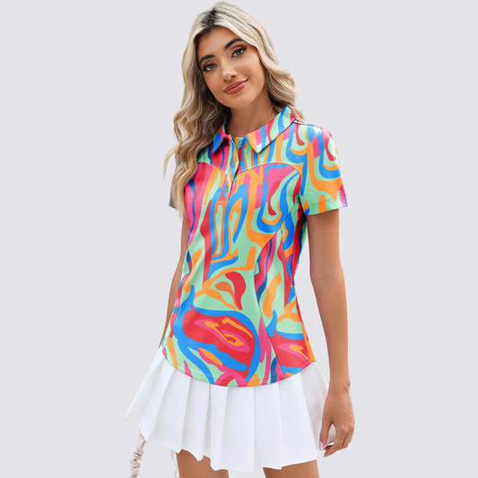 Customized logo short-sleeved, lightweight, moisture-wicking polo shirts for casual wear. They are women's three-button golf polo shirts in floral rose red