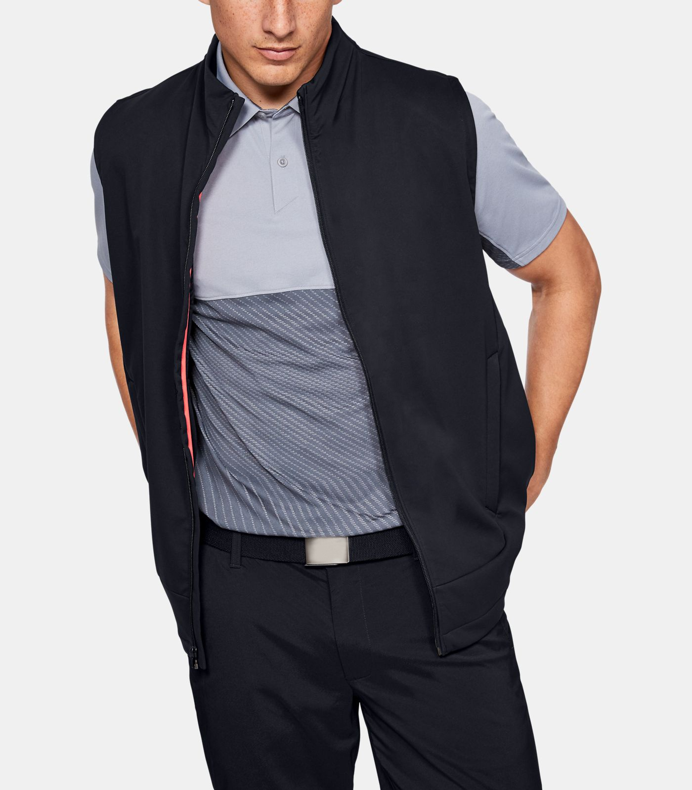 Customized logo stand-up collar full-zip two-color design windproof men's golf sleeveless windproof vests