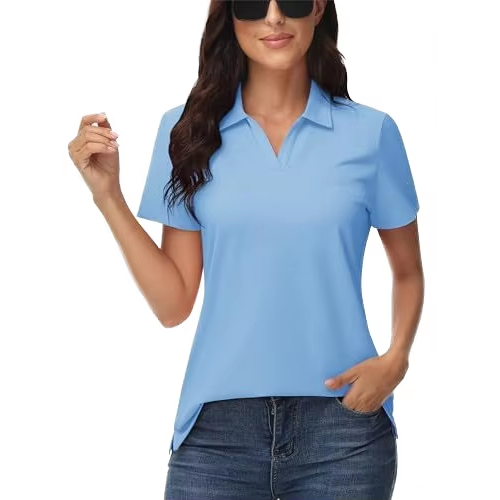 Women's casual short-sleeved V-neck quick-drying golf polo shirts. They are solid-color polyester-cotton tops that are moisture-wicking and suitable for sports. Knitted and washable