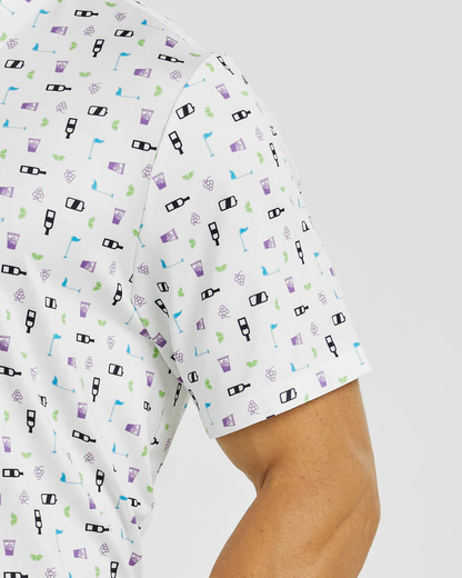 Men's White Golf Polo Shirt for Stylish Performance with Celebration Print